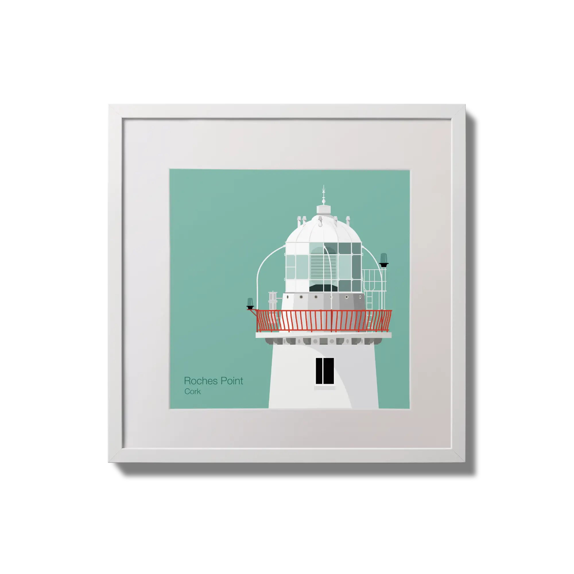Illustration of Roches Point lighthouse on an ocean green background,  in a white square frame measuring 20x20cm.