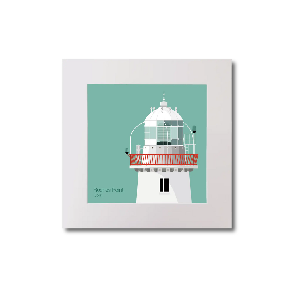 Illustration of Roches Point lighthouse on an ocean green background, mounted and measuring 20x20cm.