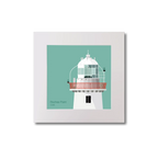 Illustration of Roches Point lighthouse on an ocean green background, mounted and measuring 20x20cm.