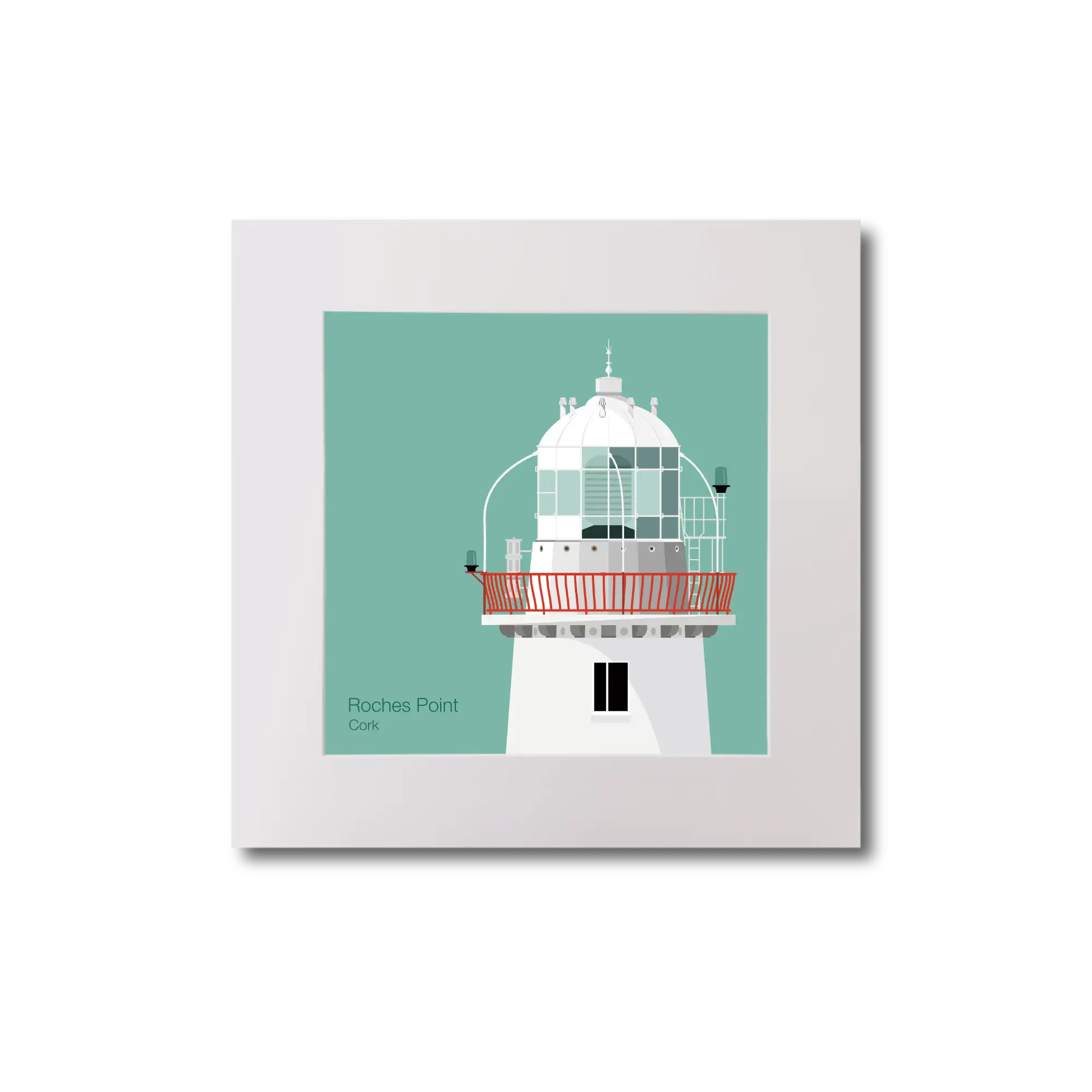 Illustration of Roches Point lighthouse on an ocean green background, mounted and measuring 20x20cm.