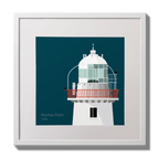 Illustration of Roches Point lighthouse on a midnight blue background,  in a white square frame measuring 30x30cm.