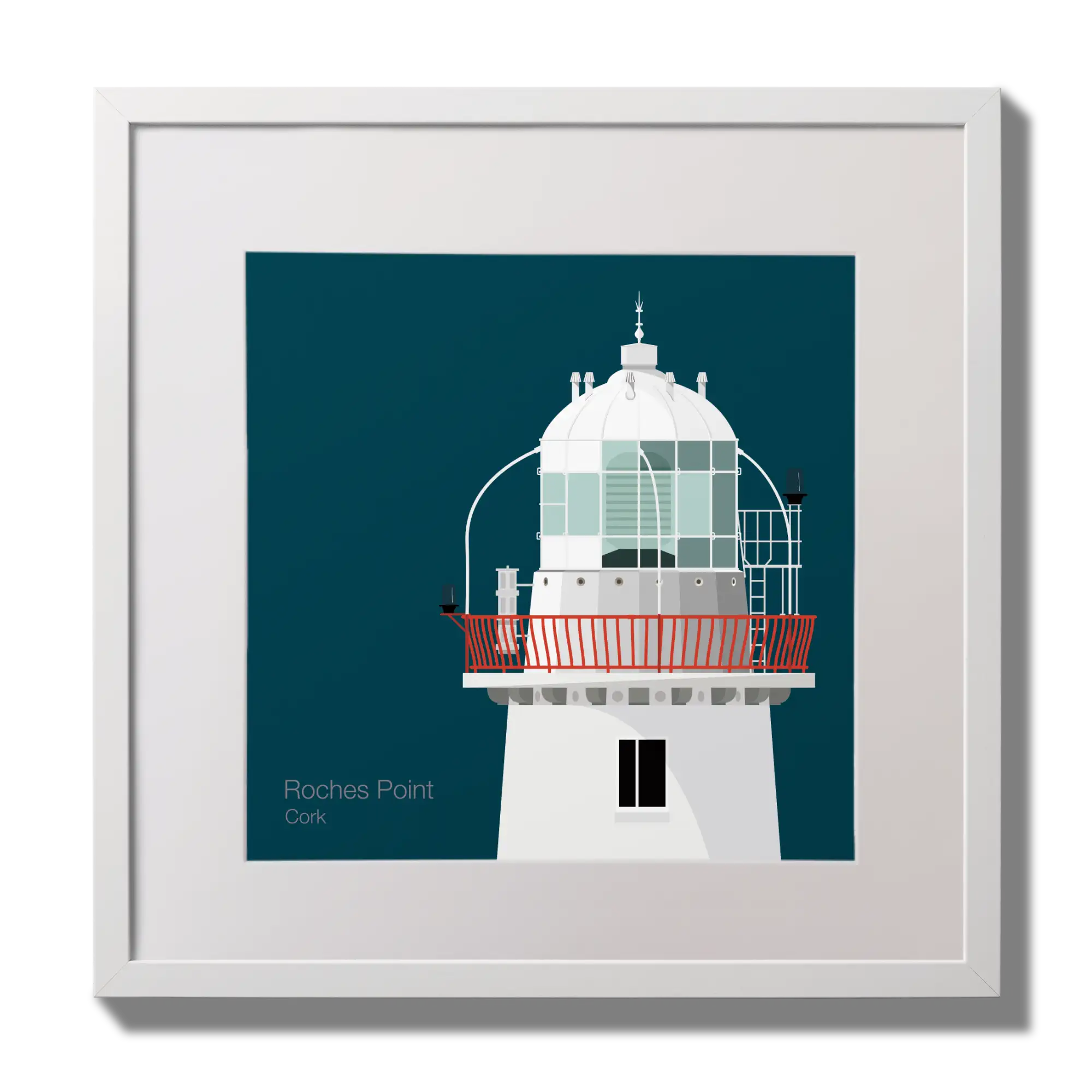 Illustration of Roches Point lighthouse on a midnight blue background,  in a white square frame measuring 30x30cm.