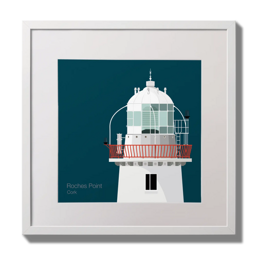 Illustration of Roches Point lighthouse on a midnight blue background,  in a white square frame measuring 30x30cm.