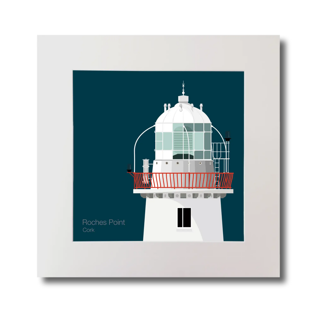 Illustration of Roches Point lighthouse on a midnight blue background, mounted and measuring 30x30cm.