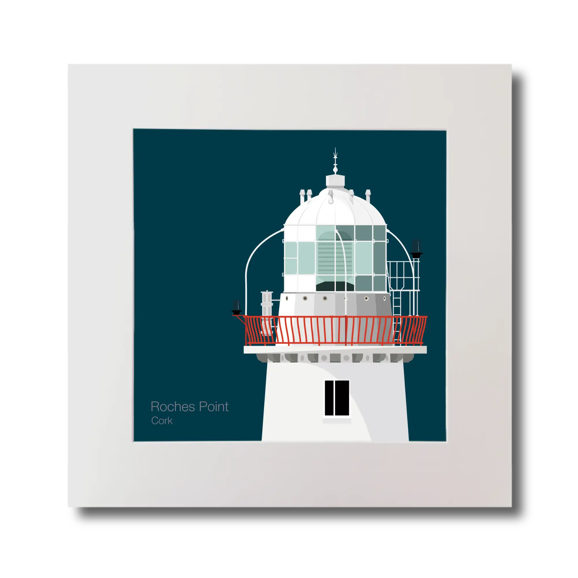 Illustration of Roches Point lighthouse on a midnight blue background, mounted and measuring 30x30cm.