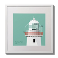 Illustration of Roches Point lighthouse on an ocean green background,  in a white square frame measuring 30x30cm.