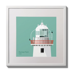 Illustration of Roches Point lighthouse on an ocean green background,  in a white square frame measuring 30x30cm.