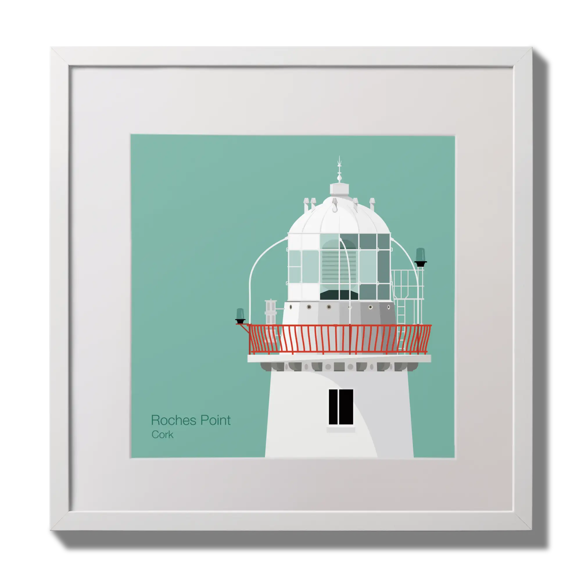 Illustration of Roches Point lighthouse on an ocean green background,  in a white square frame measuring 30x30cm.
