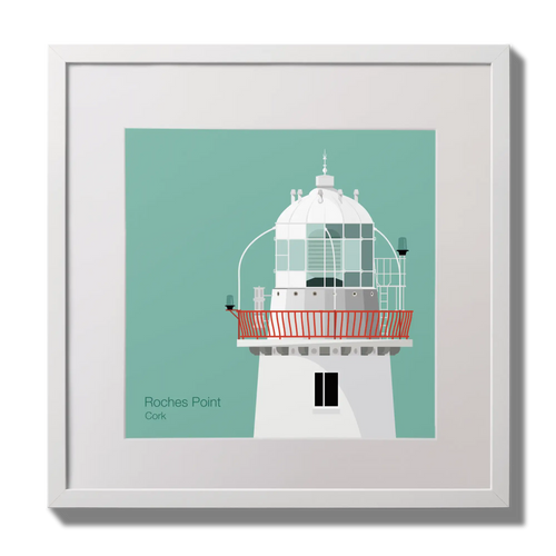 Illustration of Roches Point lighthouse on an ocean green background,  in a white square frame measuring 30x30cm.