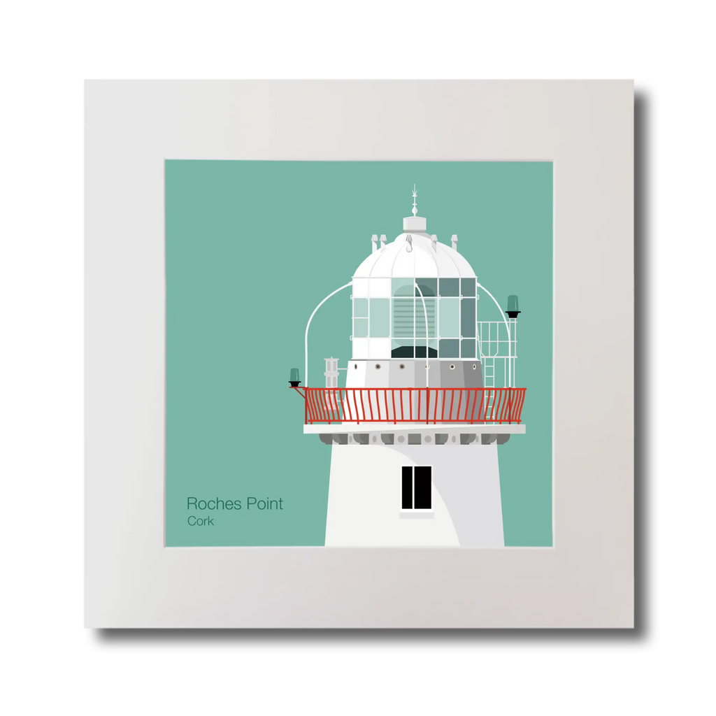 Illustration of Roches Point lighthouse on an ocean green background, mounted and measuring 30x30cm.
