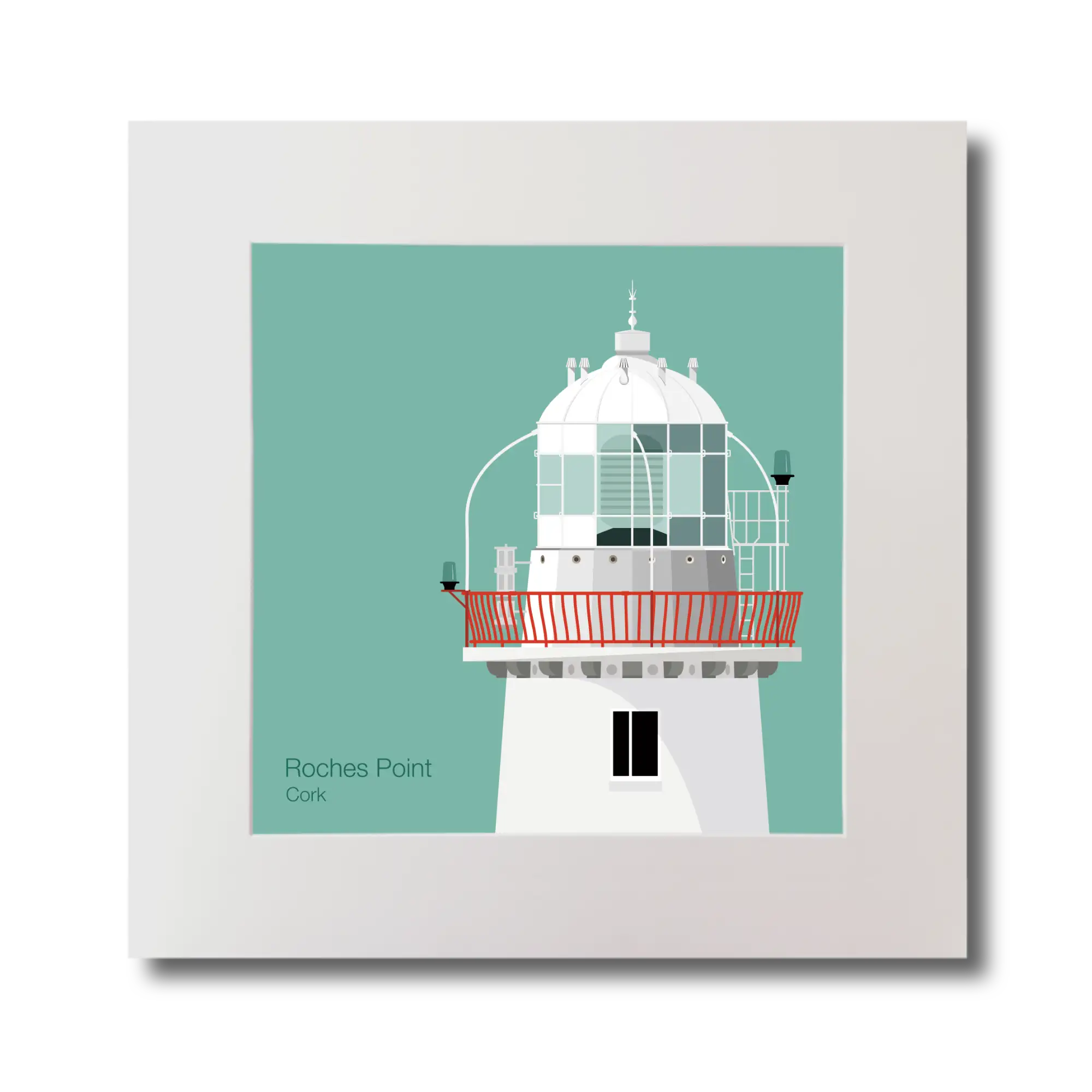 Illustration of Roches Point lighthouse on an ocean green background, mounted and measuring 30x30cm.