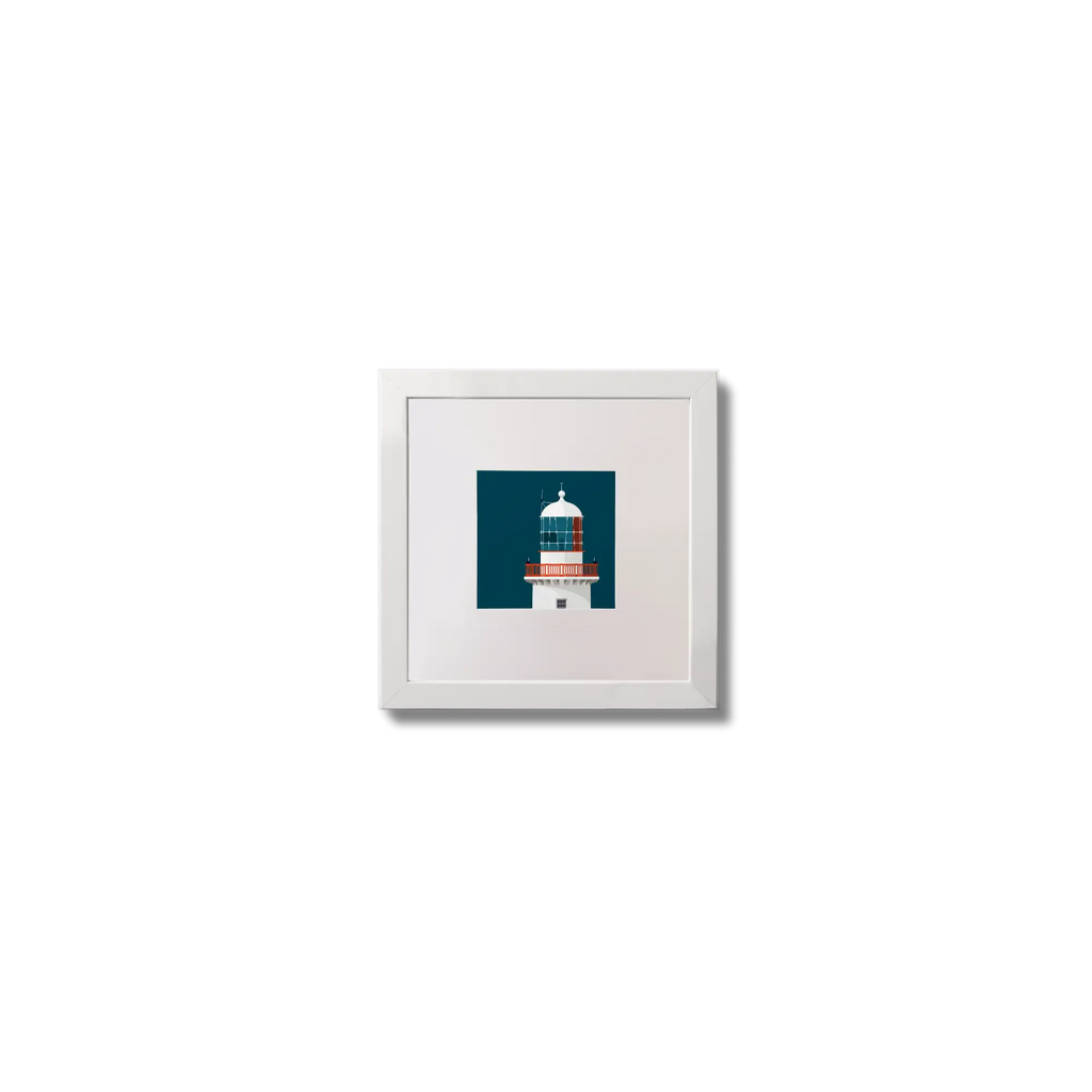 Illustration of Black Rock lighthouse on a midnight blue background,  in a white square frame measuring 10x10cm.