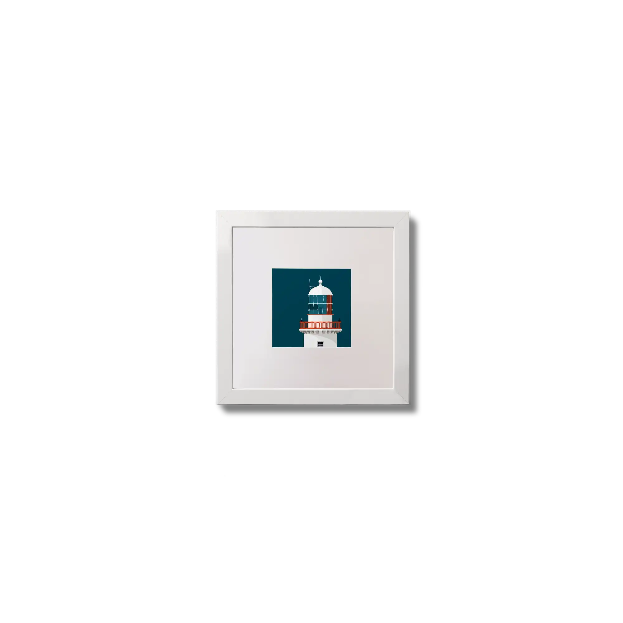 Illustration of Black Rock lighthouse on a midnight blue background,  in a white square frame measuring 10x10cm.