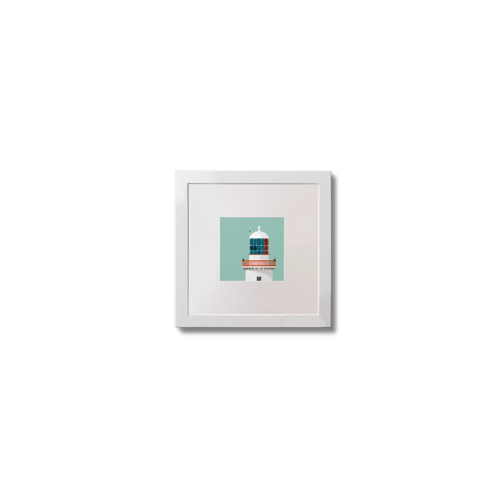 Illustration of Black Rock lighthouse on an ocean green background,  in a white square frame measuring 10x10cm.