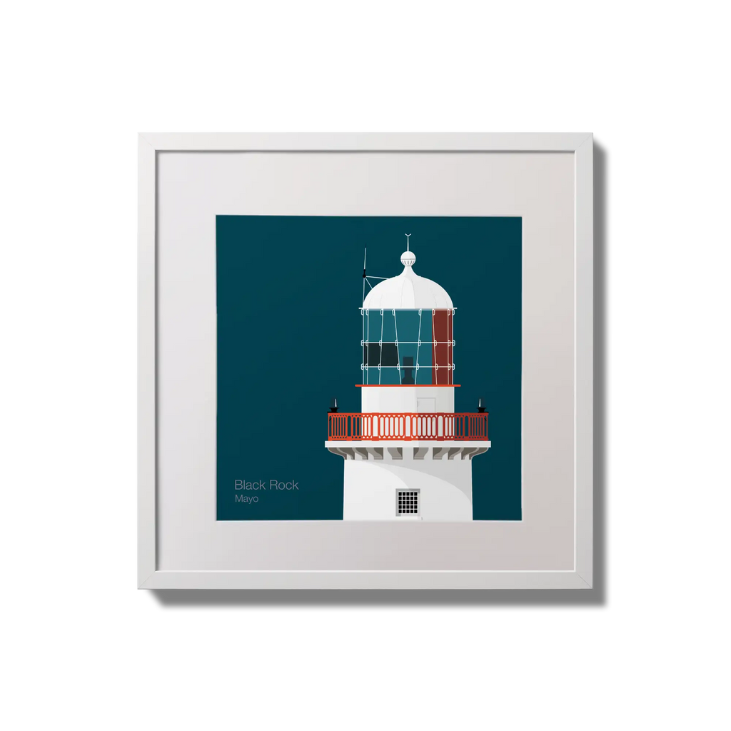 Illustration of Black Rock lighthouse on a midnight blue background,  in a white square frame measuring 20x20cm.