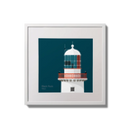 Illustration of Black Rock lighthouse on a midnight blue background,  in a white square frame measuring 20x20cm.