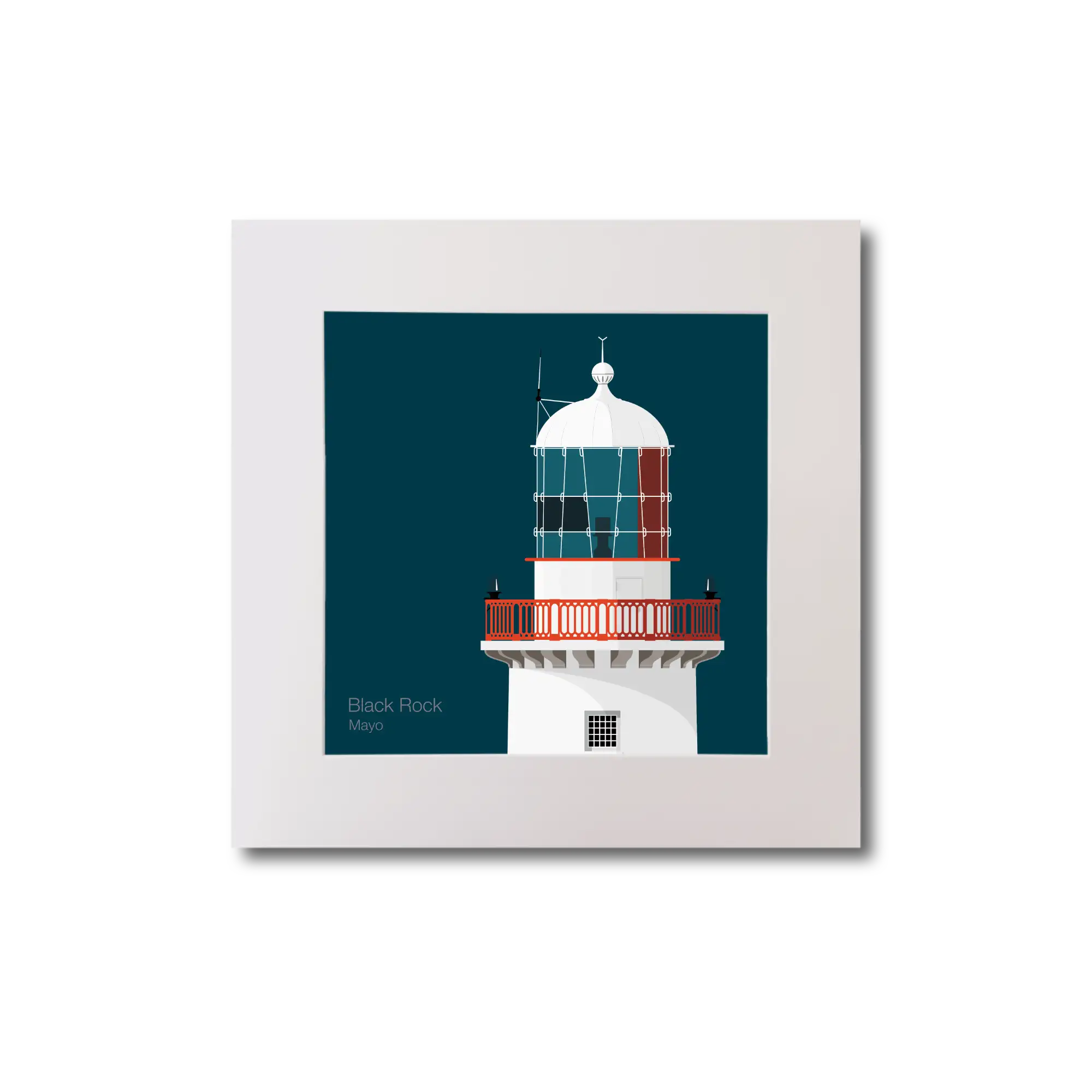 Illustration of Black Rock lighthouse on a midnight blue background, mounted and measuring 20x20cm.
