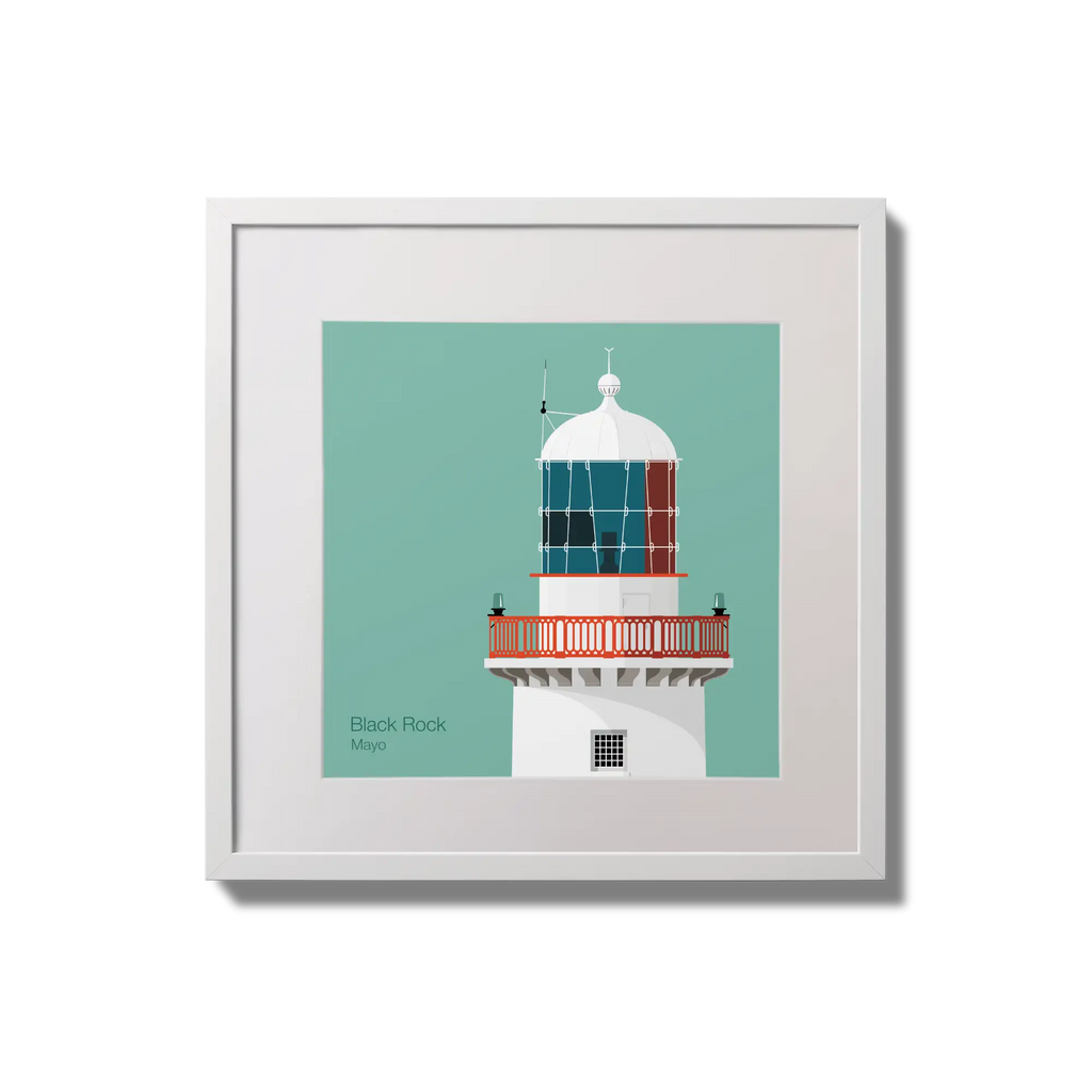 Illustration of Black Rock lighthouse on an ocean green background,  in a white square frame measuring 20x20cm.