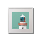 Illustration of Black Rock lighthouse on an ocean green background,  in a white square frame measuring 20x20cm.