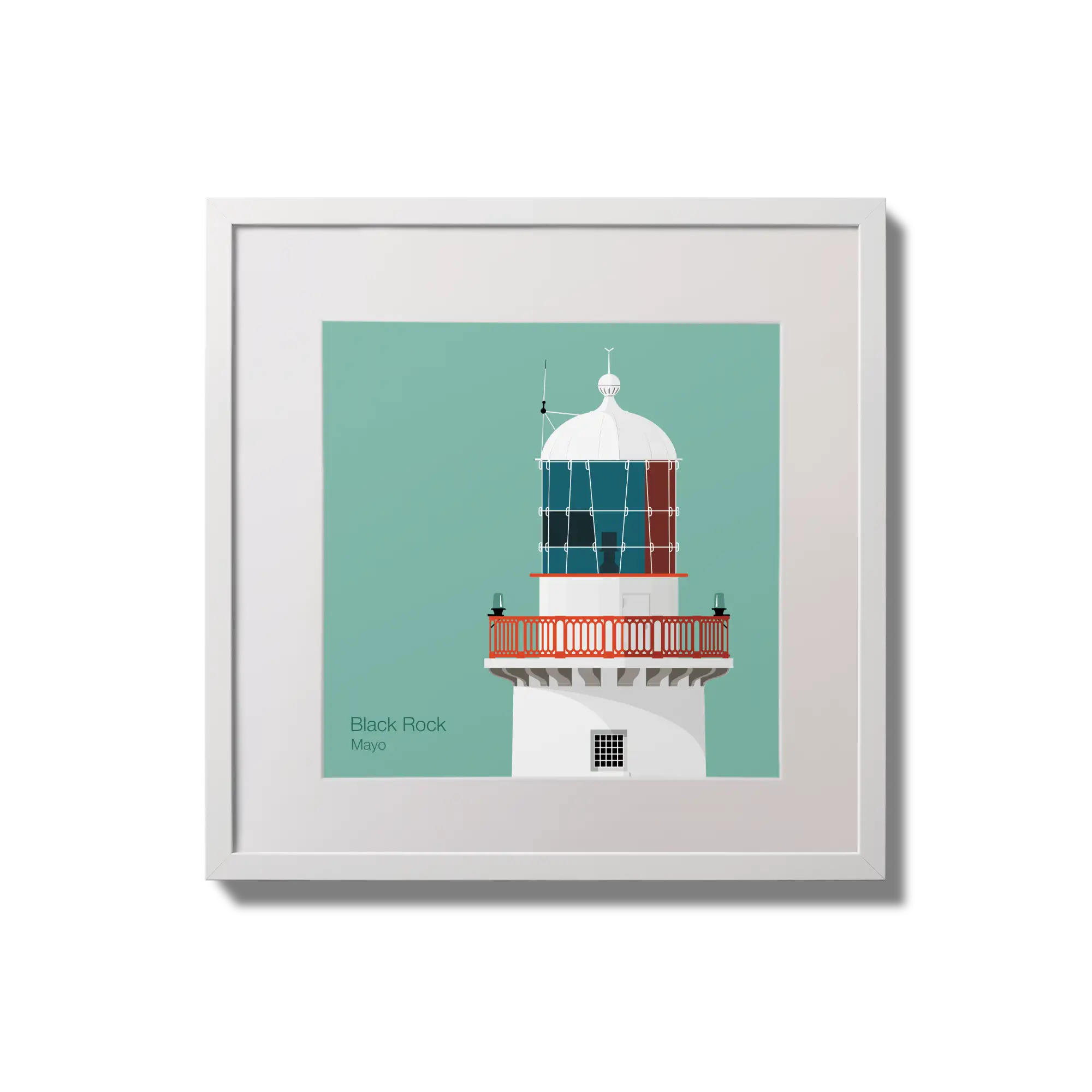 Illustration of Black Rock lighthouse on an ocean green background,  in a white square frame measuring 20x20cm.