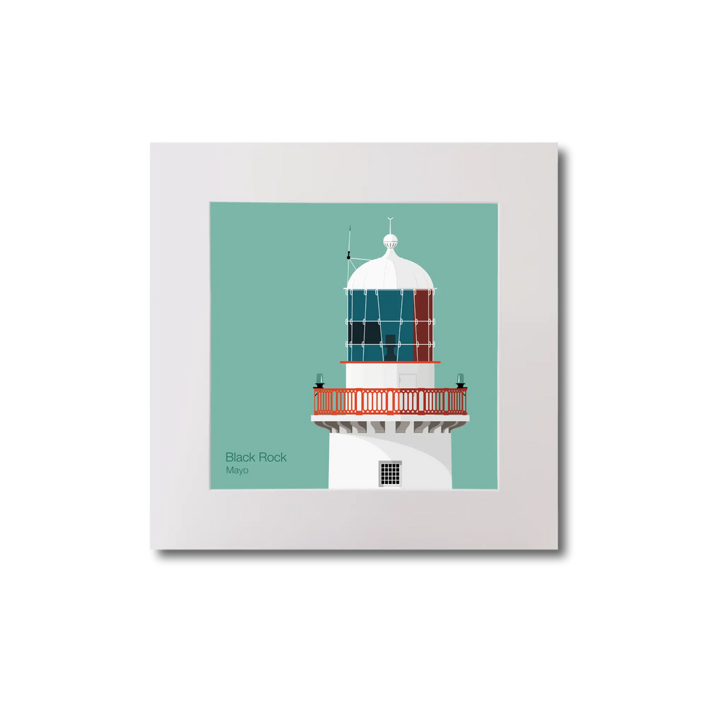 Illustration of Black Rock lighthouse on an ocean green background, mounted and measuring 20x20cm.