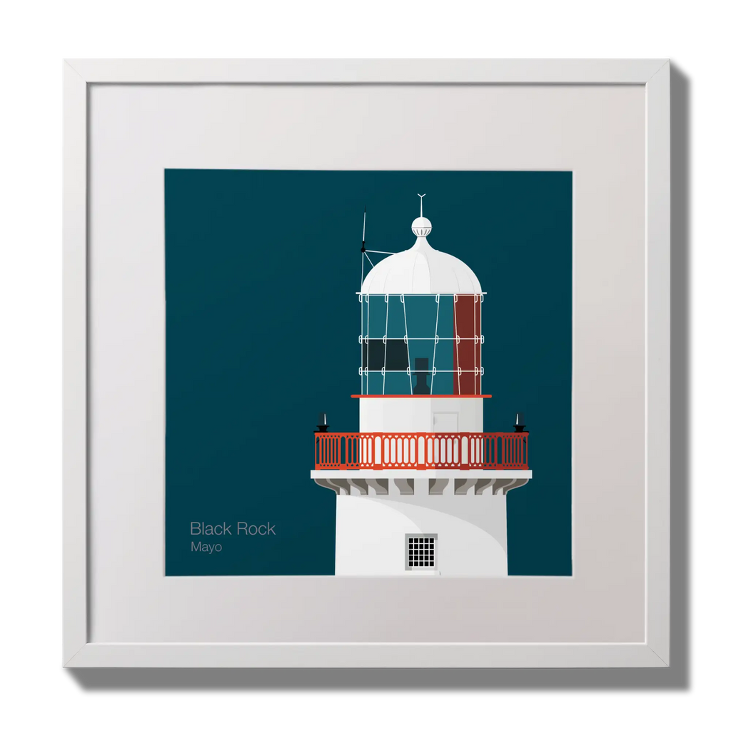 Illustration of Black Rock lighthouse on a midnight blue background,  in a white square frame measuring 30x30cm.
