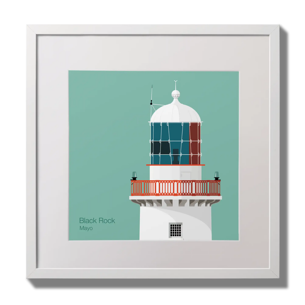 Illustration of Black Rock lighthouse on an ocean green background,  in a white square frame measuring 30x30cm.