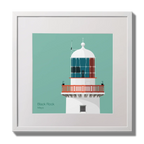 Illustration of Black Rock lighthouse on an ocean green background,  in a white square frame measuring 30x30cm.