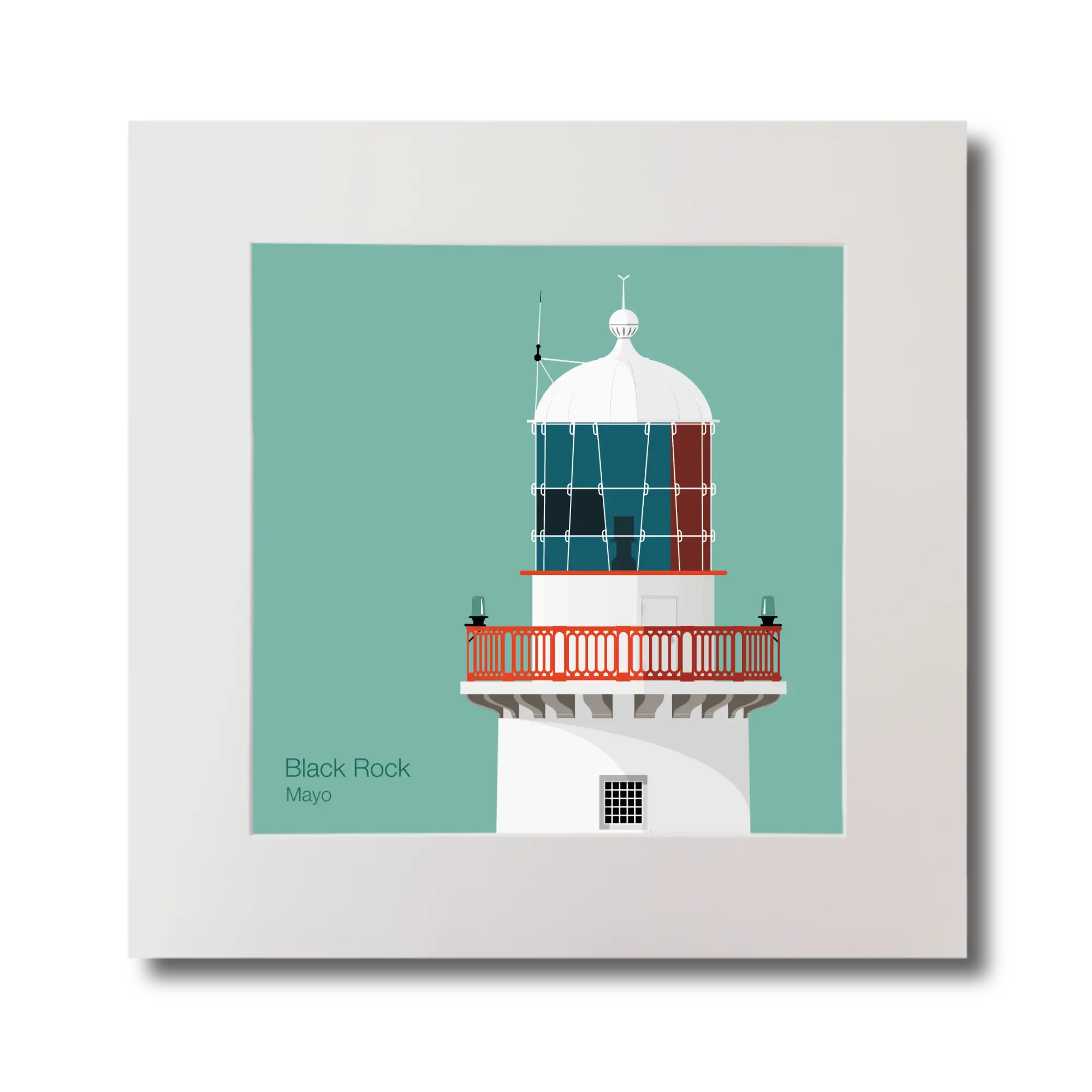 Illustration of Black Rock lighthouse on an ocean green background, mounted and measuring 30x30cm.