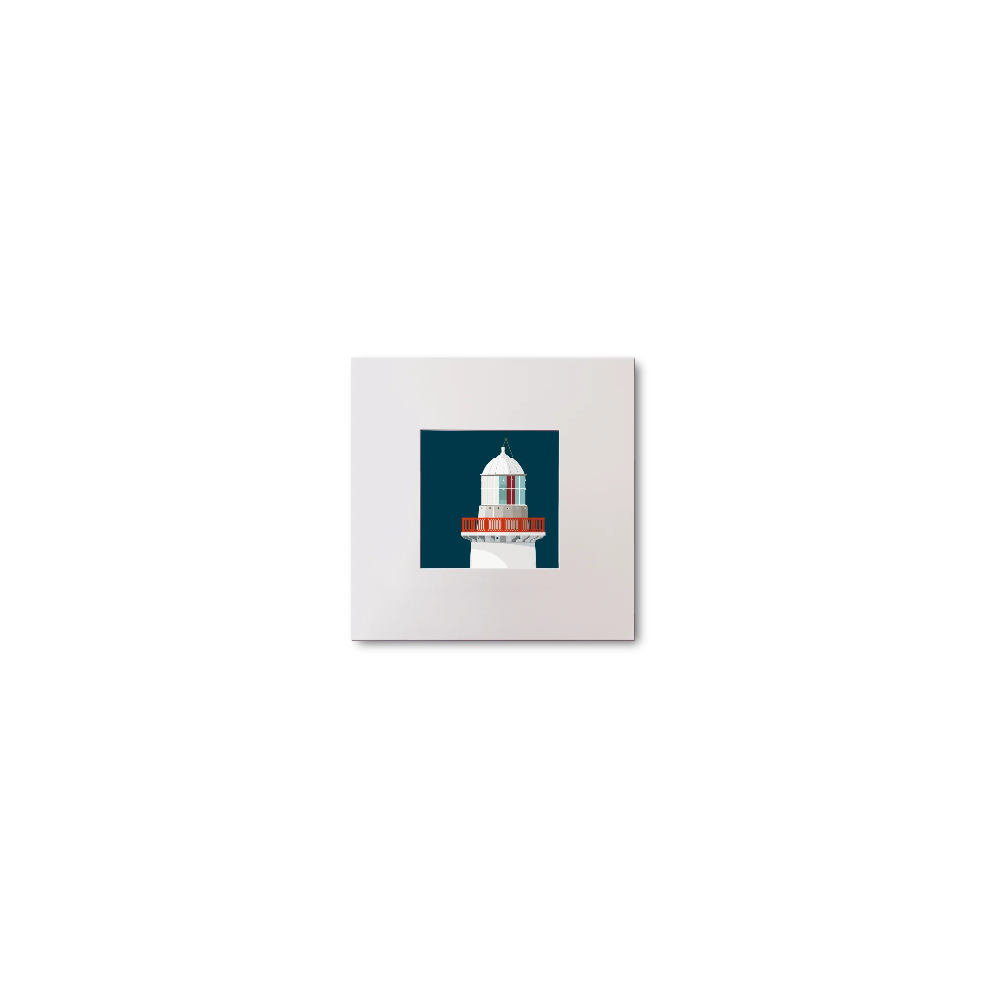 Illustration of Ballinacourty lighthouse on a midnight blue background, mounted and measuring 10x10cm.