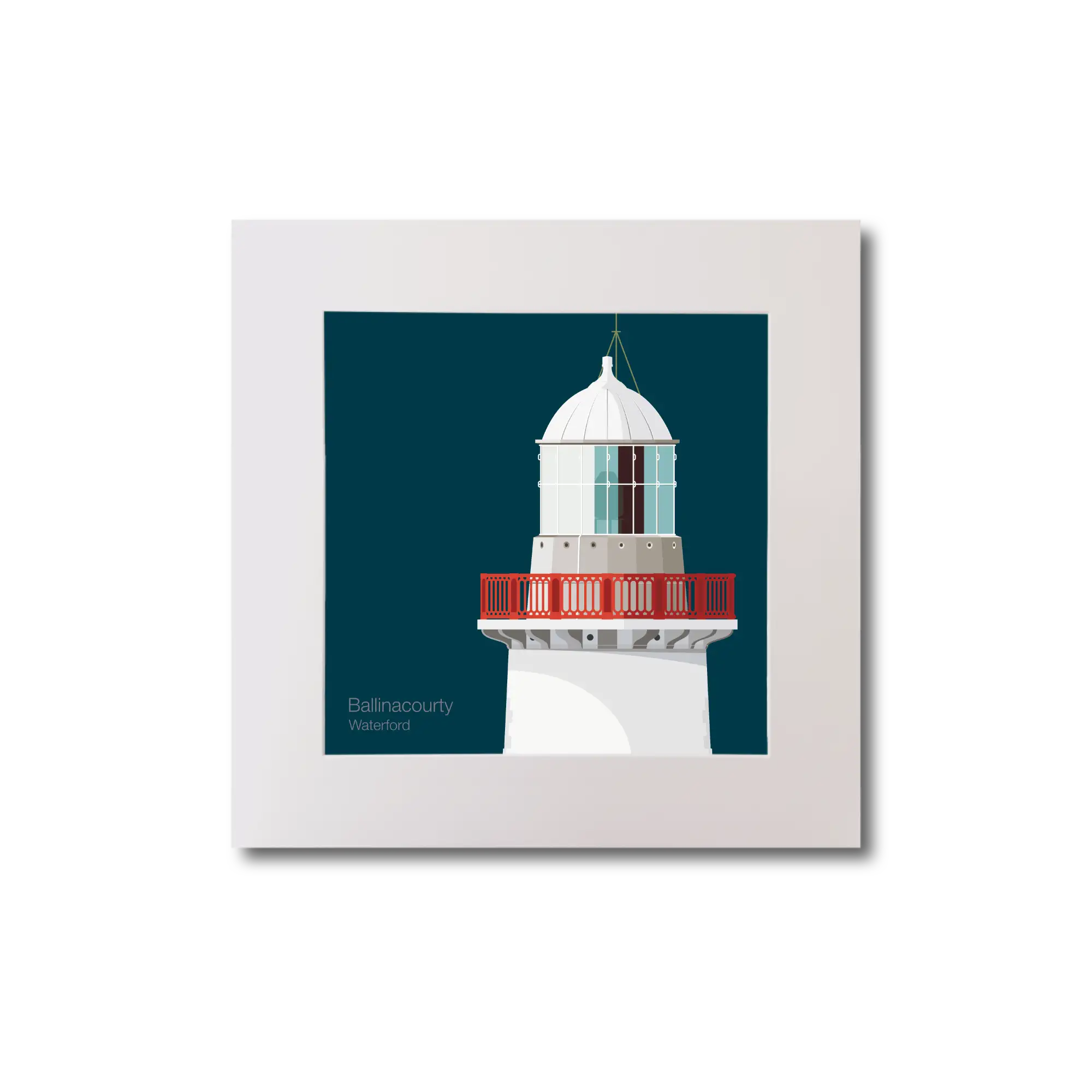 Illustration of Ballinacourty lighthouse on a midnight blue background, mounted and measuring 20x20cm.