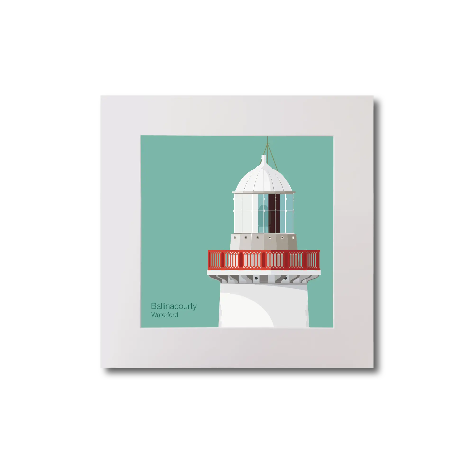 Illustration of Ballinacourty lighthouse on an ocean green background, mounted and measuring 20x20cm.
