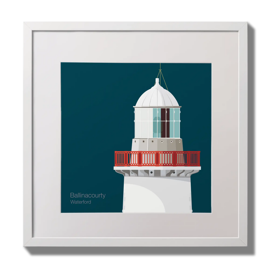 Illustration of Ballinacourty lighthouse on a midnight blue background,  in a white square frame measuring 30x30cm.