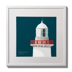 Illustration of Ballinacourty lighthouse on a midnight blue background,  in a white square frame measuring 30x30cm.