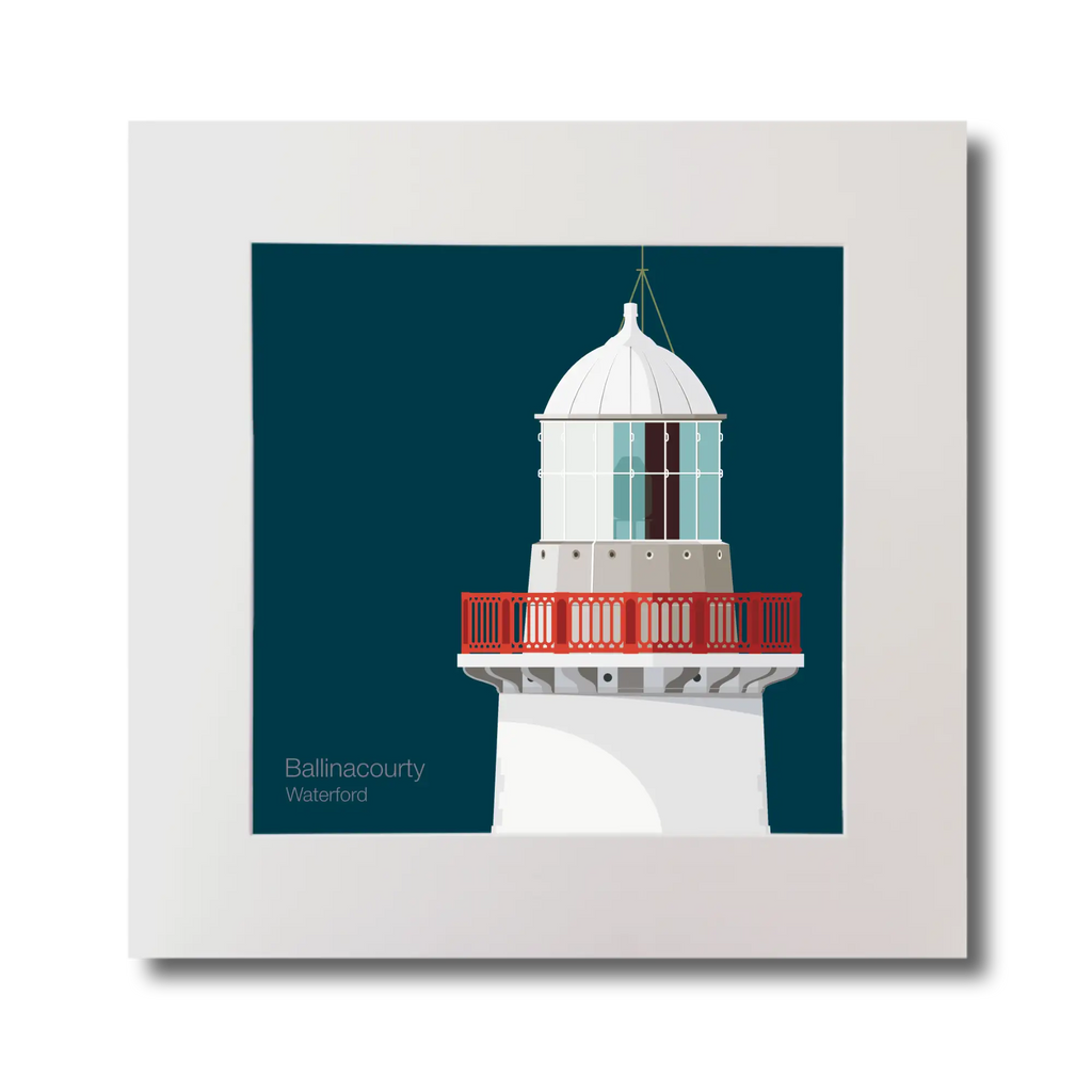 Illustration of Ballinacourty lighthouse on a midnight blue background, mounted and measuring 30x30cm.