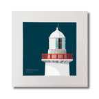 Illustration of Ballinacourty lighthouse on a midnight blue background, mounted and measuring 30x30cm.