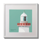 Illustration of Ballinacourty lighthouse on an ocean green background,  in a white square frame measuring 30x30cm.