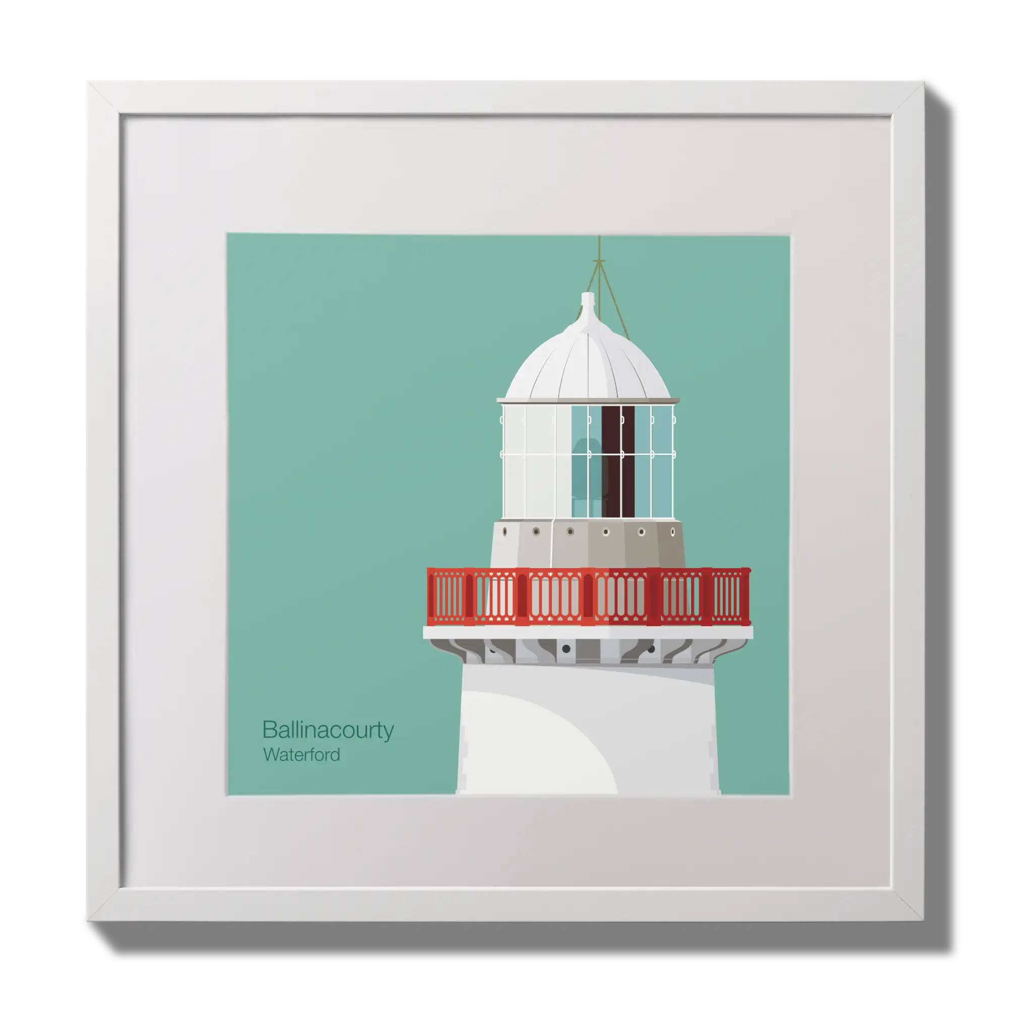 Illustration of Ballinacourty lighthouse on an ocean green background,  in a white square frame measuring 30x30cm.