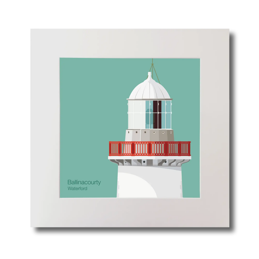 Illustration of Ballinacourty lighthouse on an ocean green background, mounted and measuring 30x30cm.