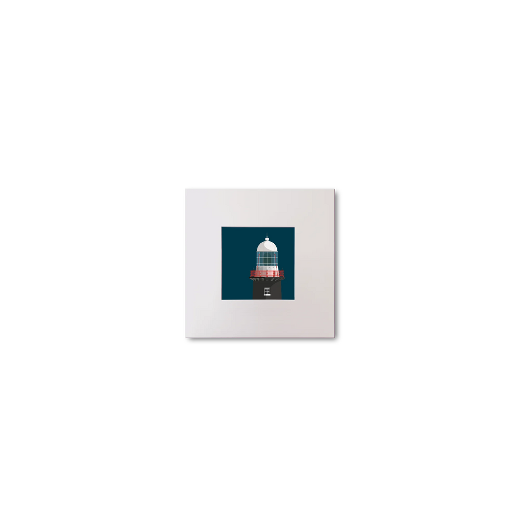 Illustration of Rathlin East lighthouse on a midnight blue background, mounted and measuring 10x10cm.