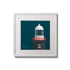 Illustration of Rathlin East lighthouse on a midnight blue background,  in a white square frame measuring 20x20cm.
