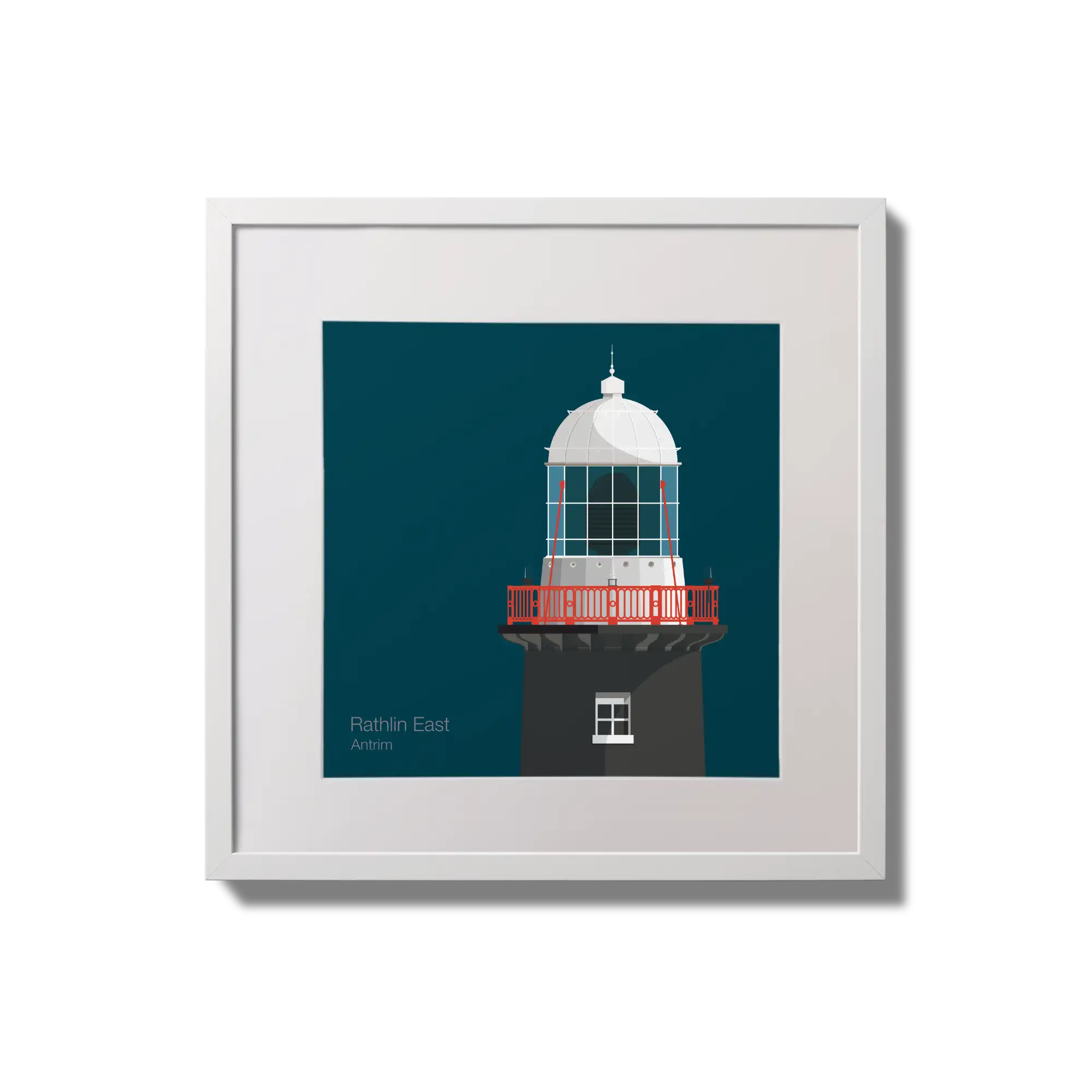 Illustration of Rathlin East lighthouse on a midnight blue background,  in a white square frame measuring 20x20cm.
