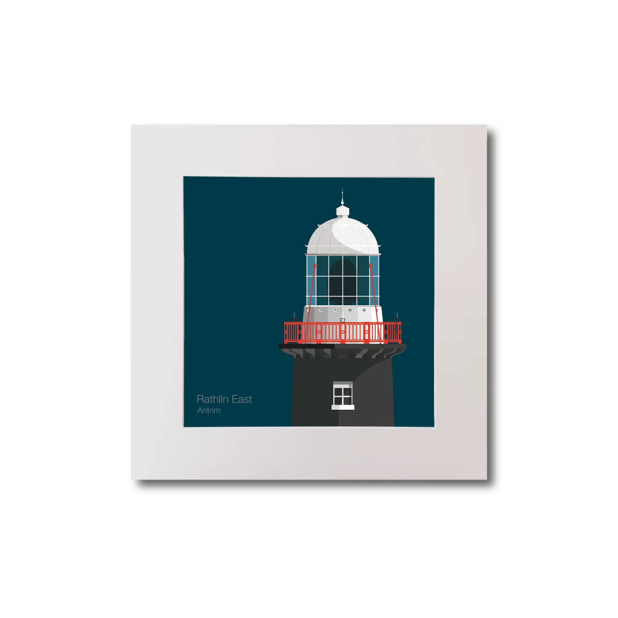 Illustration of Rathlin East lighthouse on a midnight blue background, mounted and measuring 20x20cm.