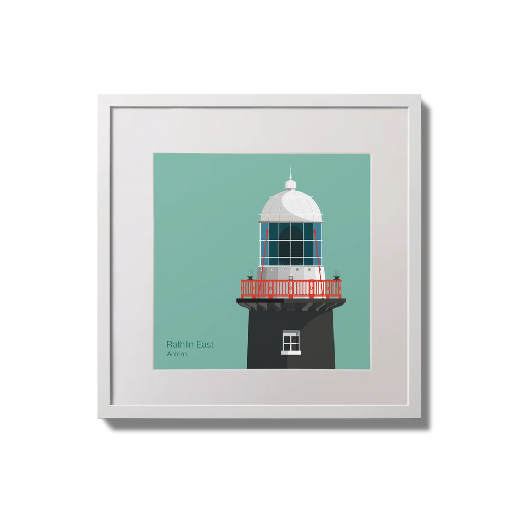 Illustration of Rathlin East lighthouse on an ocean green background,  in a white square frame measuring 20x20cm.
