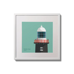 Illustration of Rathlin East lighthouse on an ocean green background,  in a white square frame measuring 20x20cm.
