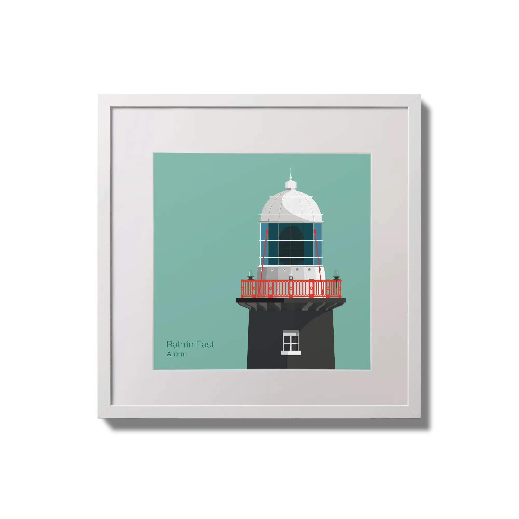 Illustration of Rathlin East lighthouse on an ocean green background,  in a white square frame measuring 20x20cm.
