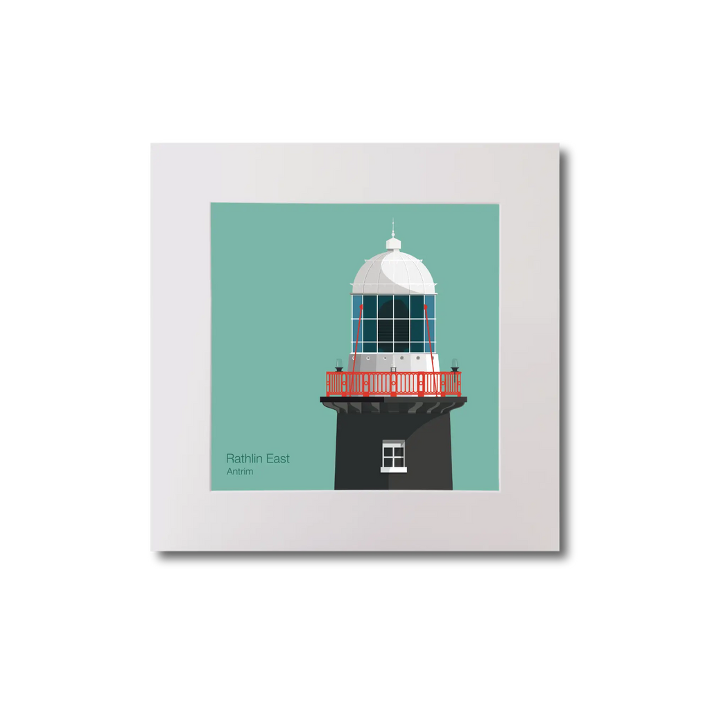 Illustration of Rathlin East lighthouse on an ocean green background, mounted and measuring 20x20cm.