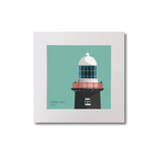 Illustration of Rathlin East lighthouse on an ocean green background, mounted and measuring 20x20cm.