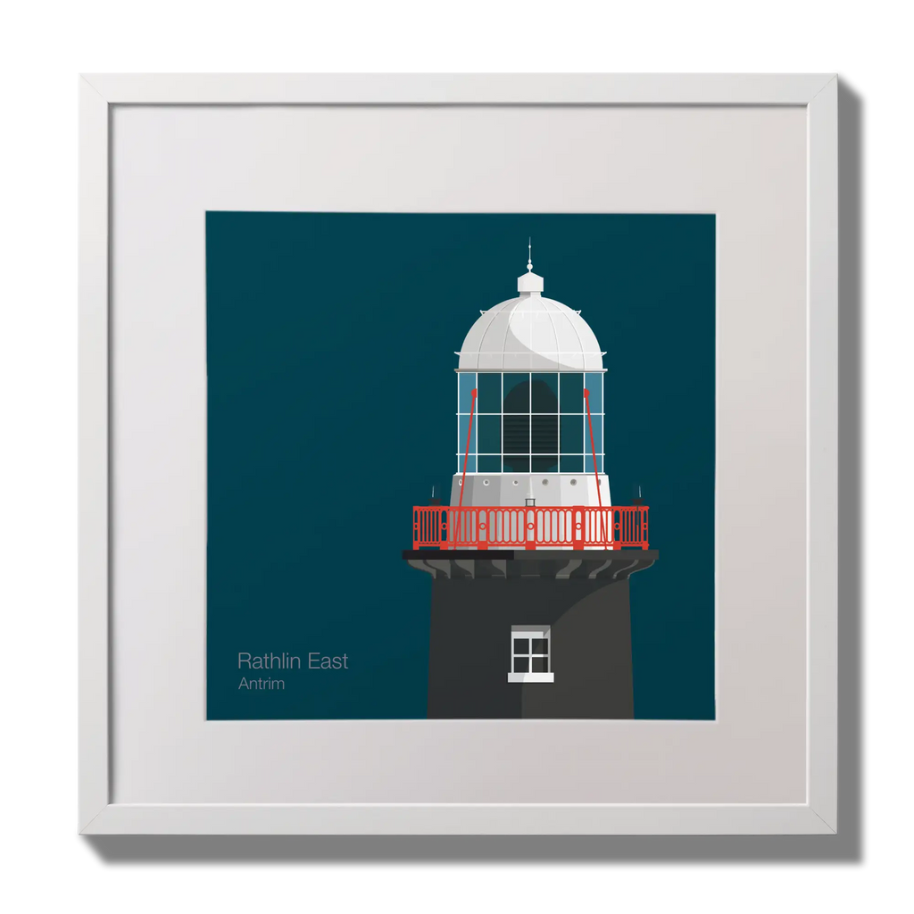 Illustration of Rathlin East lighthouse on a midnight blue background,  in a white square frame measuring 30x30cm.