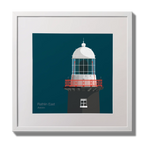 Illustration of Rathlin East lighthouse on a midnight blue background,  in a white square frame measuring 30x30cm.